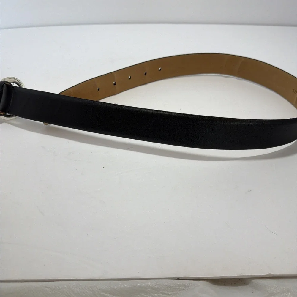 Vtg Liz Claiborne Black Leather Belt Womens S P Silver Buckle Classic Minimalist